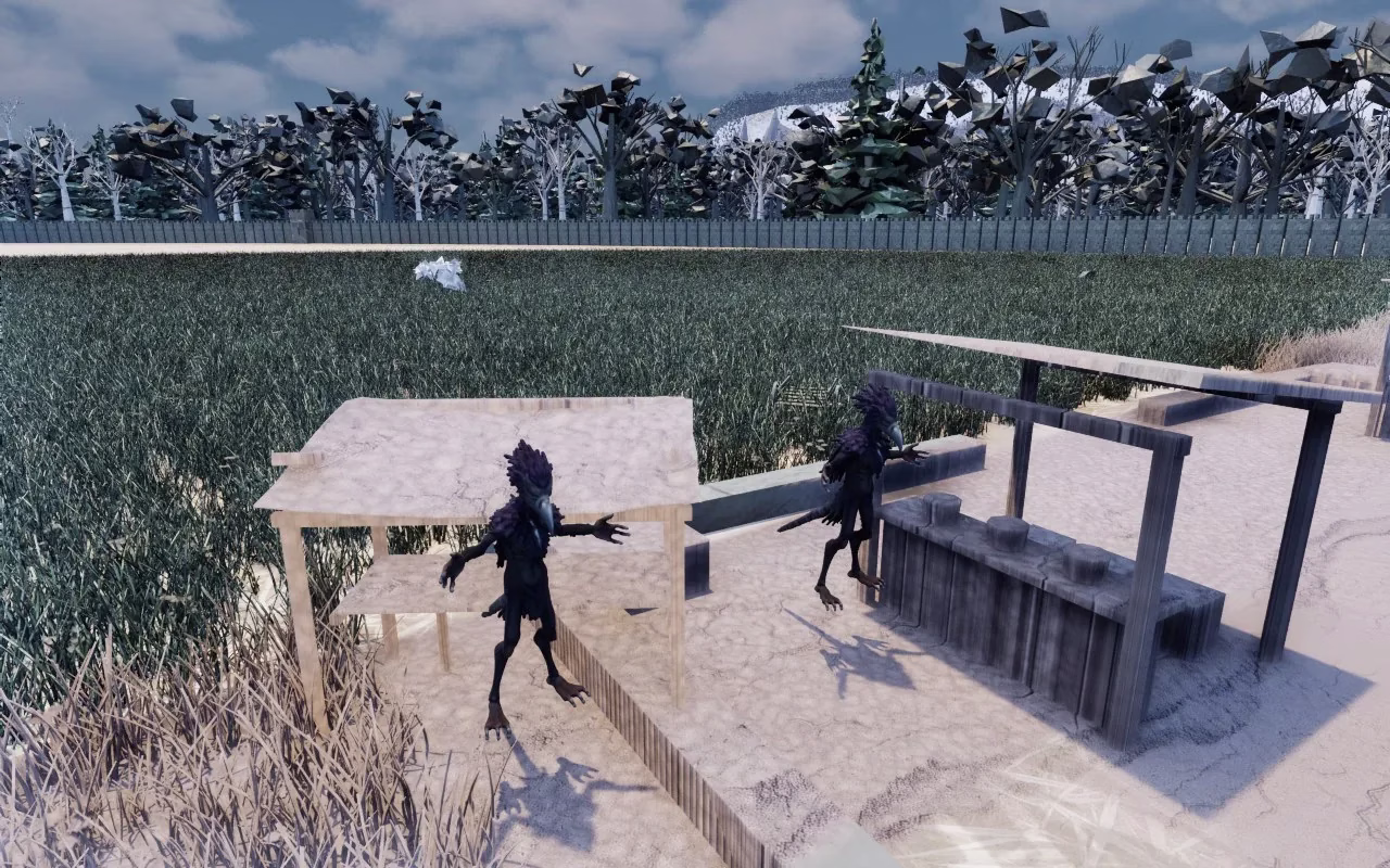 Two remade bird people with dark feathered heads, long beaks and tails standing with their arms held straight out near a wooden stall on a stone ledge.