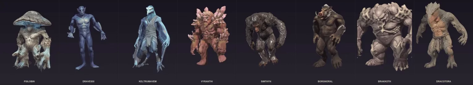 Eight creatures in a row on a dark background, from a mushroom-capped figure and a slim blue humanoid to a crystal-covered brute, a big ape, a boar-headed fighter, a lumpy giant and a lizard, each with its name below.