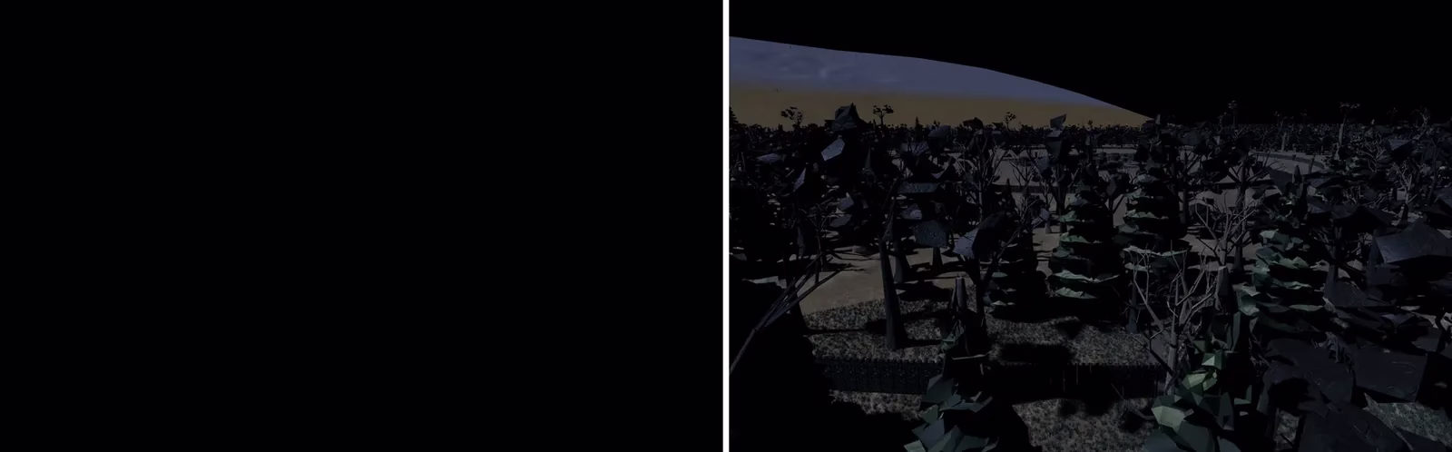 Two views of the same forest town at night side by side, the left one completely black and the right one moonlit, showing dark trees, a fence and pale ground.