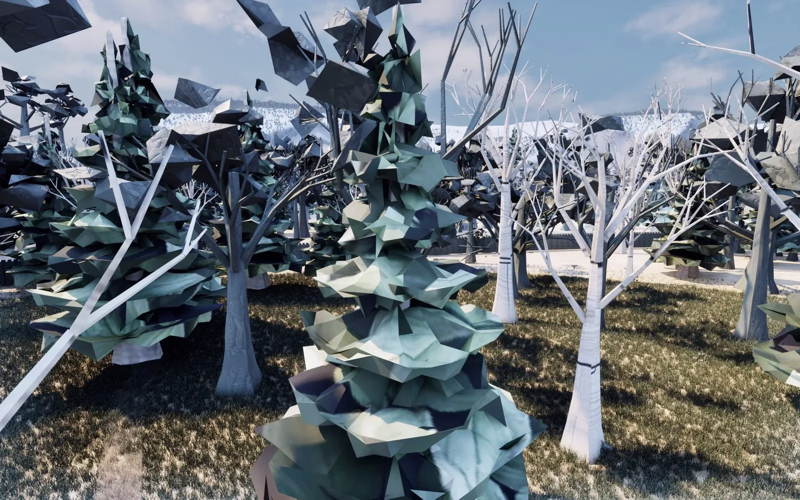 A close view of a grove of low-poly trees with blocky faceted leaves, pale bare trunks and dry grass, with a snowy hill behind.
