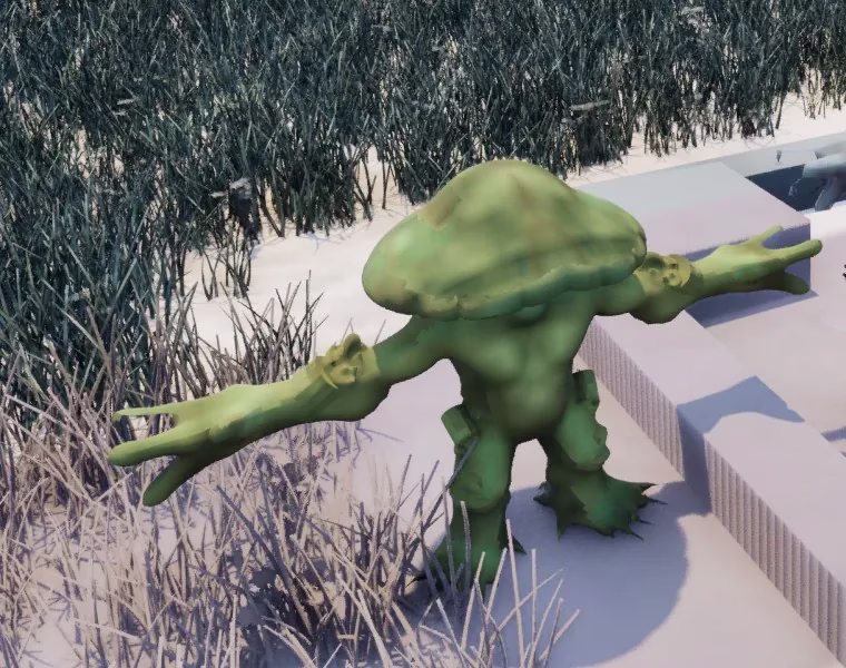 A mossy green figure with a broad mushroom cap and root-like arms spread wide, standing at the edge of a field of tall grass.