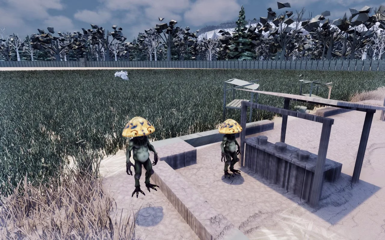 Two remade mushroom people with spotted gold and blue caps and dark green bodies standing on a stone ledge beside a wooden stall, tall grass behind them.