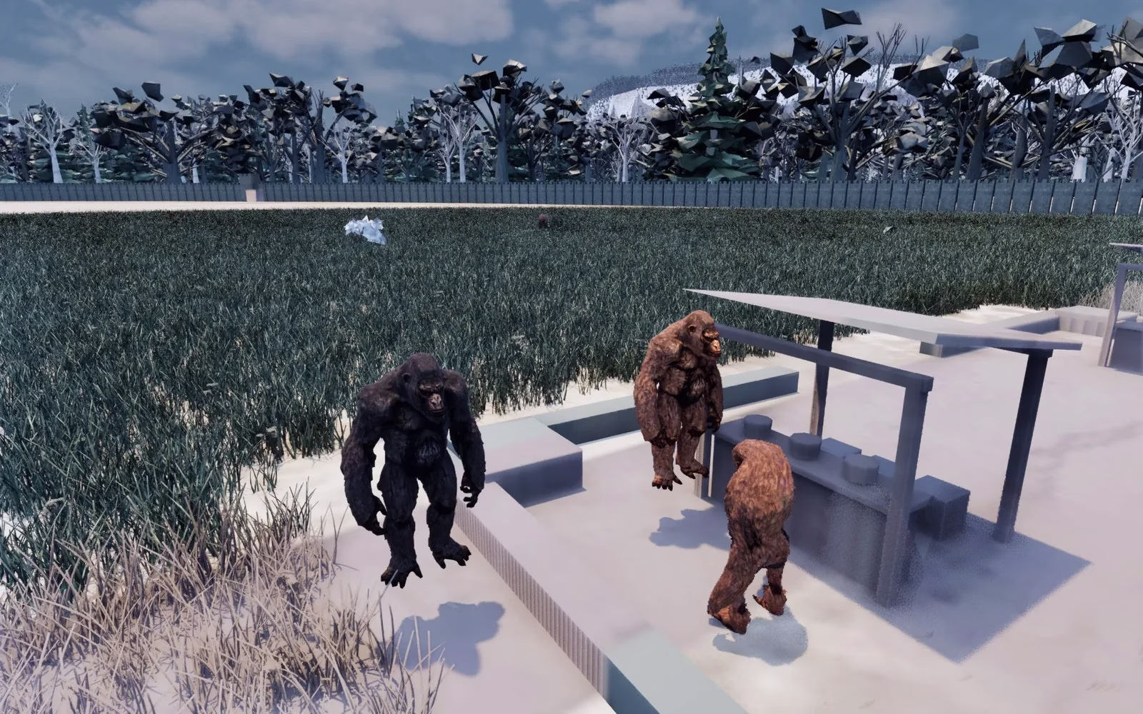 Three big ape people with heavy brows on a stone ledge by a wooden stall, one with near-black fur and two with reddish-brown fur.