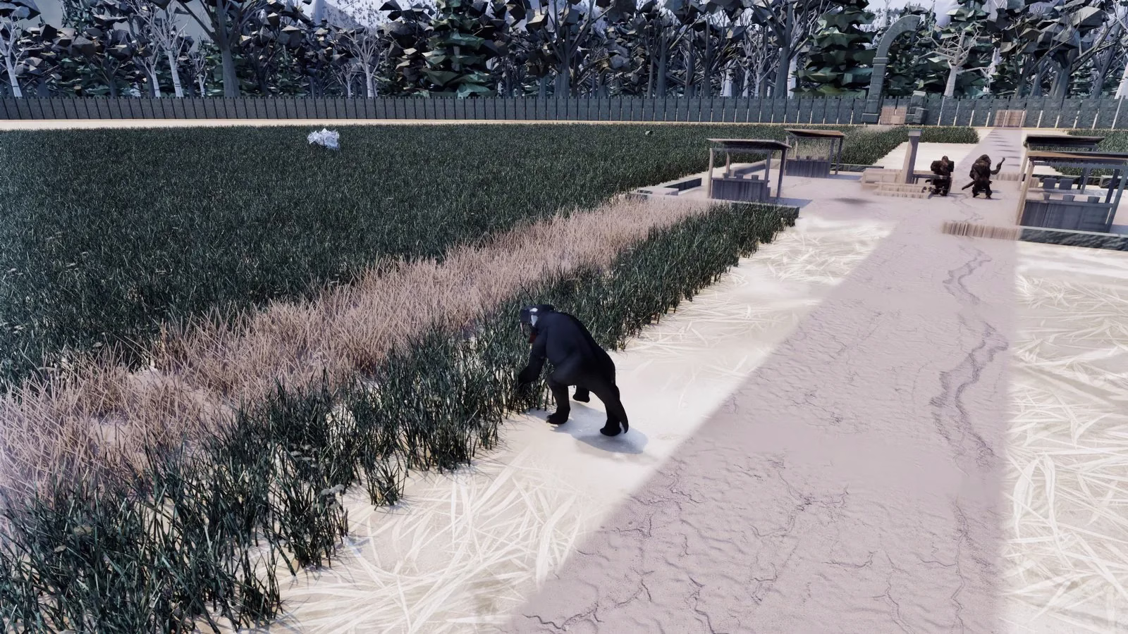 A dark, hunched beast on all fours at the edge of a grass field beside a pale road, with two figures at market stalls and a wooden wall behind.