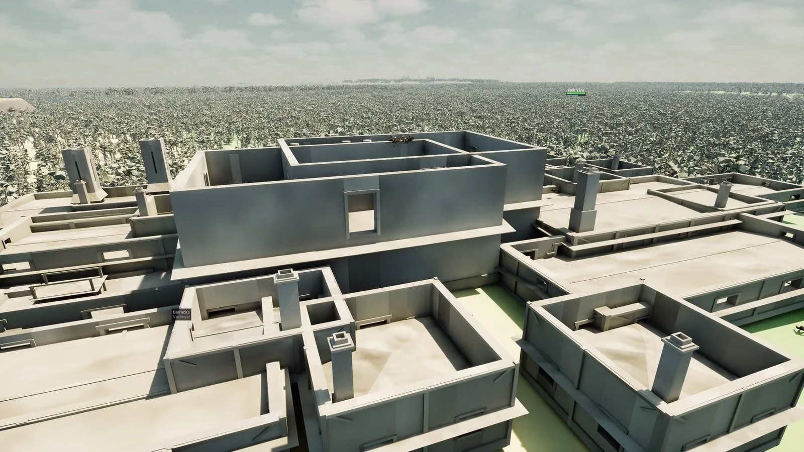 Close view from above of roofless grey block-out buildings with chimneys, with a forest stretching to the horizon behind.