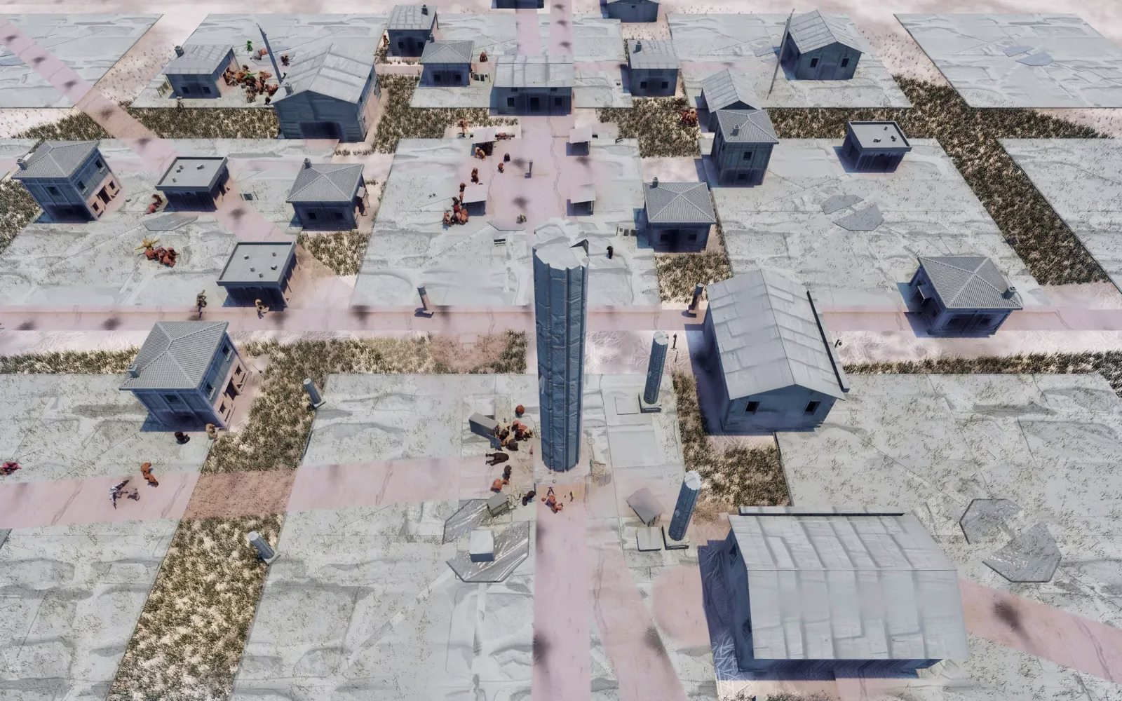 A high, tilted view down on a town of grey-roofed houses on pale lots, with a tall stone column at the center and small figures gathered between the buildings.