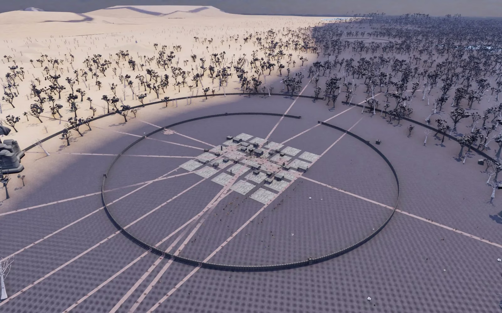A high view of a big town of small dark huts on pale stone plots inside a ring wall, with a loose stream of tiny figures heading from the town toward the wall, roads running out in every direction, and pale sand and dark trees beyond.