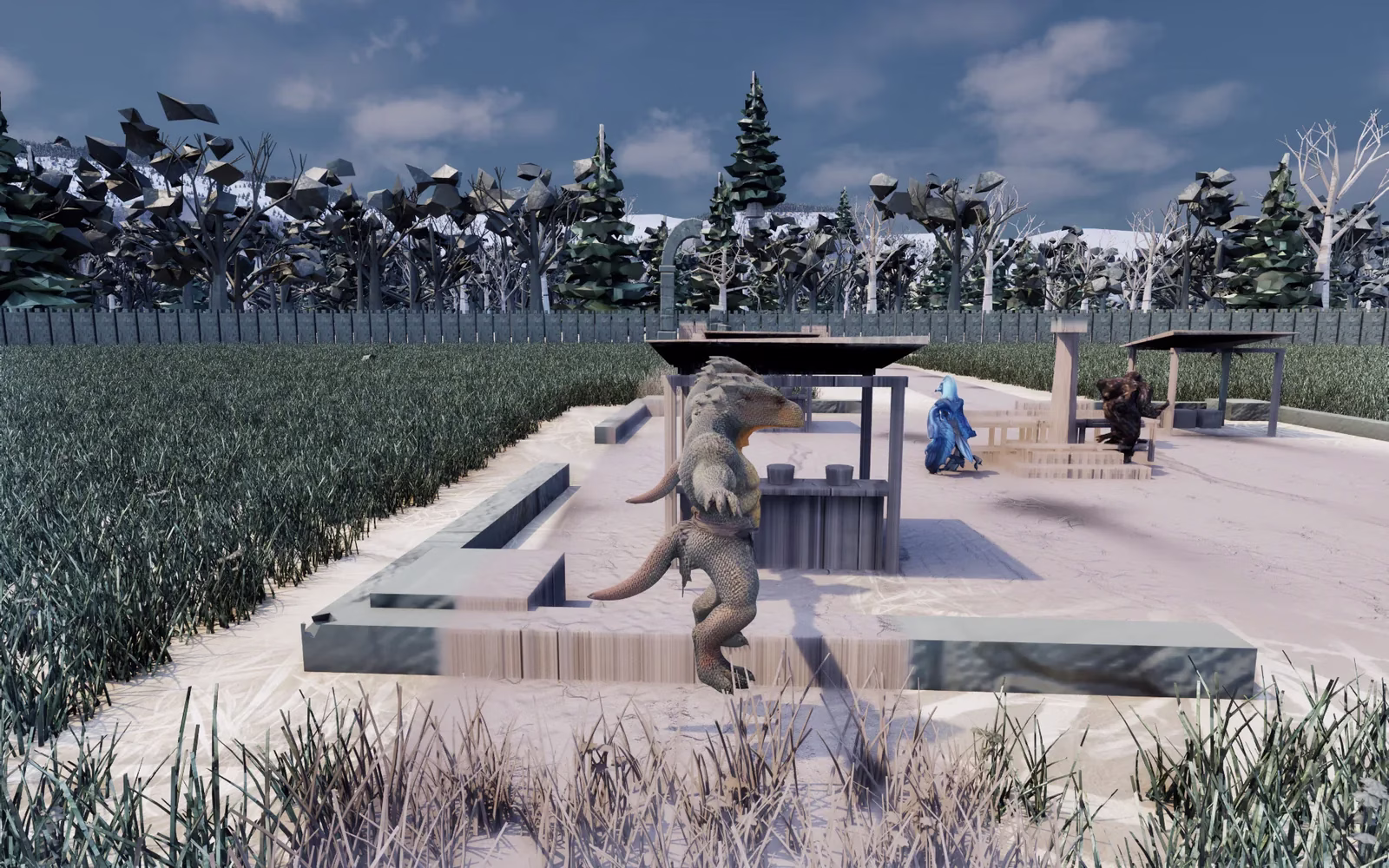 A lizard-like figure with a spiny crest walks past a wooden market stall in a snowy walled yard, while a blue bird-headed figure and a dark furred figure crouch by the tables behind.