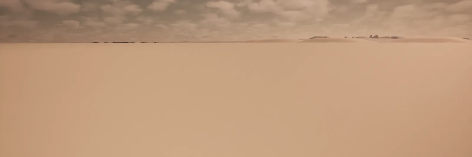 A wide, empty stretch of sand under a hazy grey-green cloudy sky, with a low line of distant dunes on the horizon.