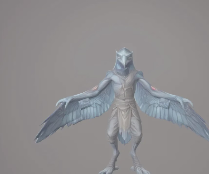 A blue-grey bird-headed figure with spread feathered wings stands in a T-pose on a flat grey background.