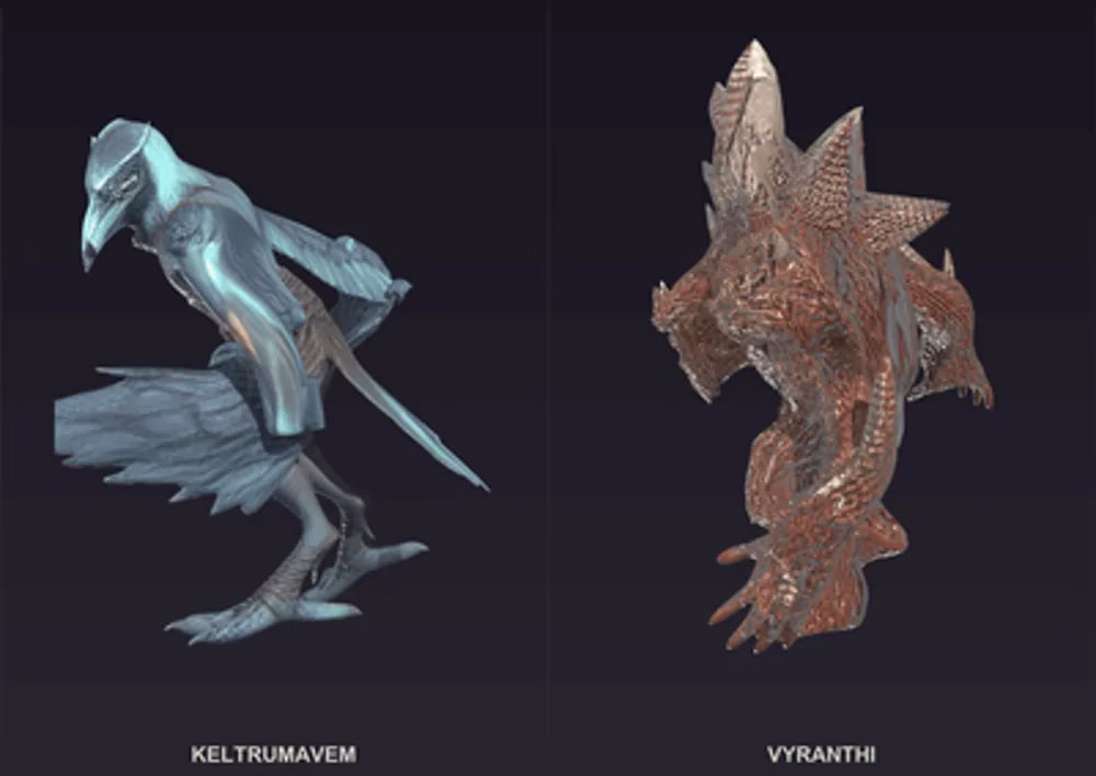 Two finished race models mid-walk on a dark panel: a raven figure leaning forward with a long beak, and a spiny red-brown figure with a tall crest.