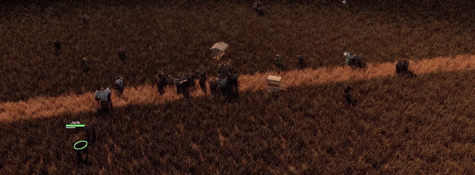 A group of people gathered on a pale dirt track across a dark grassy field, with a small hand cart, a little roofed stall, and one figure marked by a green ring and a name tag reading Jarle.