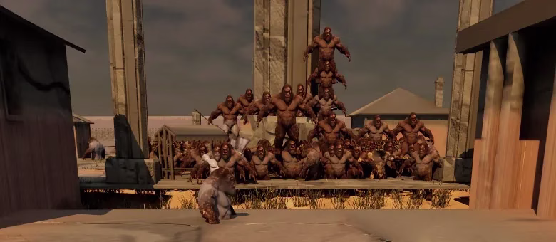 Dozens of brown, gorilla-like figures heaped together between tall stone pillars, arms out, some standing on the heads of others in a tower, with plank buildings at both sides.