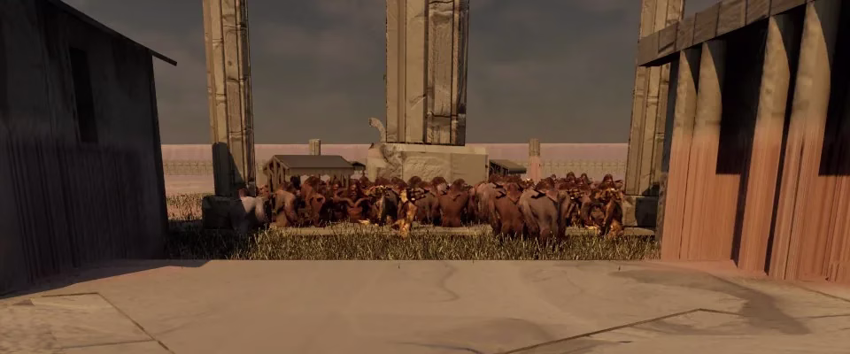 A dense crowd of brown, furred figures packed between tall stone pillars, seen from behind, with plank buildings framing both sides.