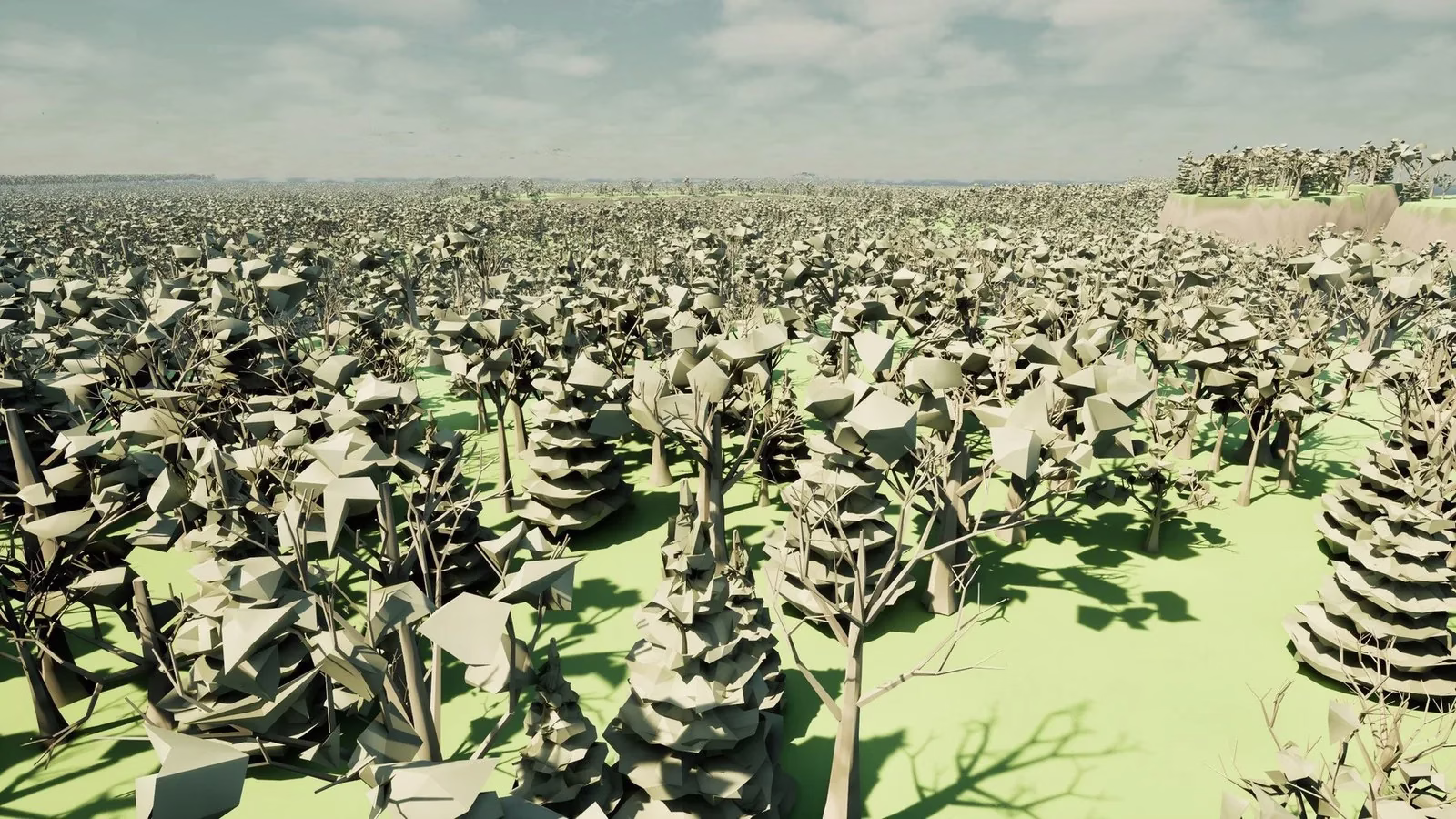 A dense low-poly forest of pale trees and pines on bright green ground, seen from a low angle, with a flat-topped hill at the far right.