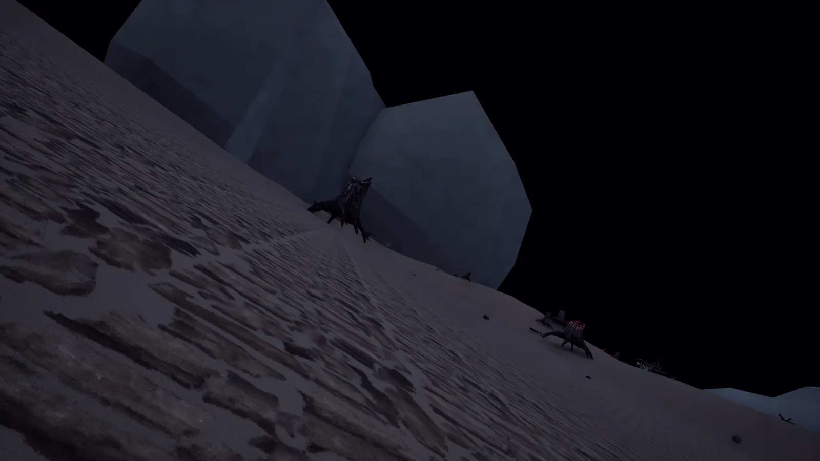 A dark sloping ground at night with two huge pale-blue faceted boulders behind a dead stump, under a black sky.