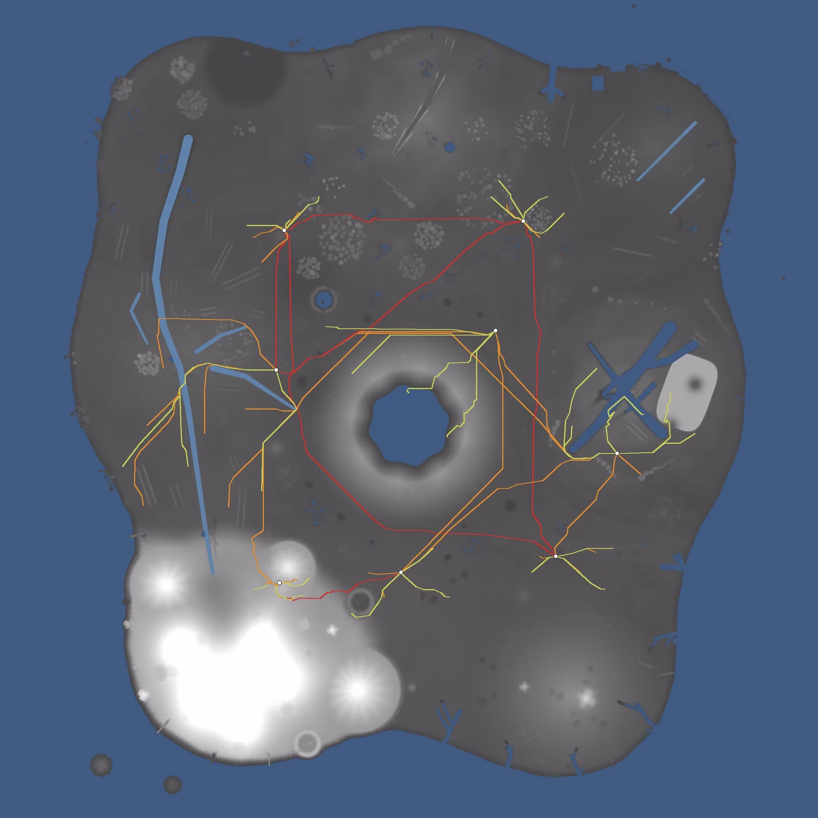A top-down grey map of the continent on a blue sea, with a ring-shaped crater in the middle, blue rivers, and red, orange and yellow road lines joining nine white dots.