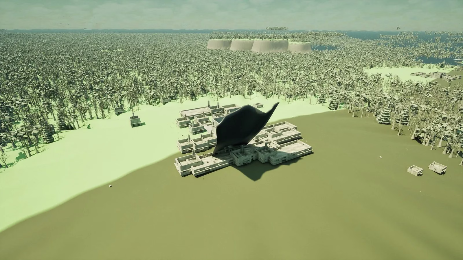 A cluster of pale, open-roofed building shells in a forest clearing, with a huge dark curved shape jutting up from the middle of them.