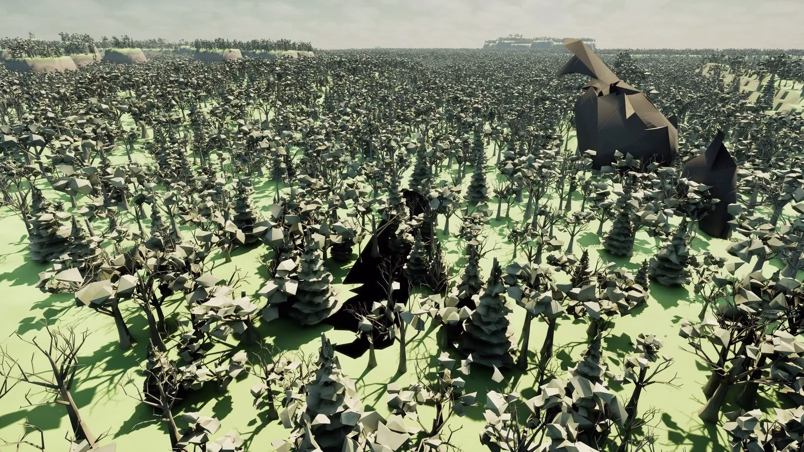A dense low-poly forest of dark and pale trees on bright green ground, with a tall dark ruin standing among the trees on the right.