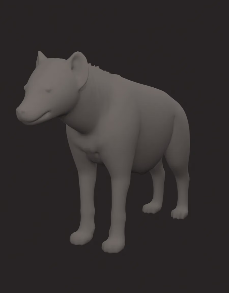 A plain gray clay model of a stocky hound on a dark background, seen from three quarters.