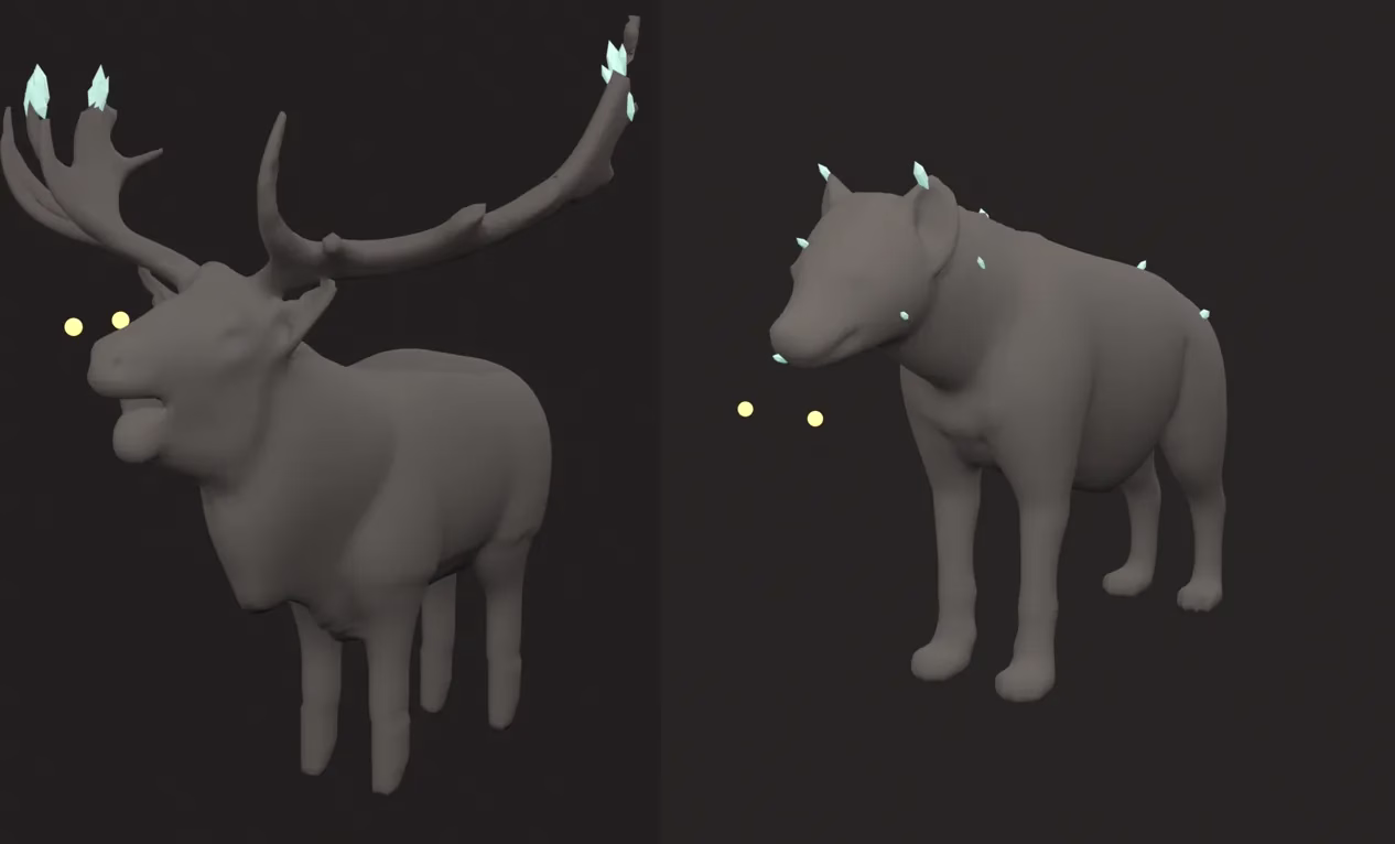 Two plain gray clay models on a dark background, a stag with large antlers tipped with pale crystals and two glowing yellow dots near its face, and a stocky hound with small crystals along its back and two yellow dots in front of its head.