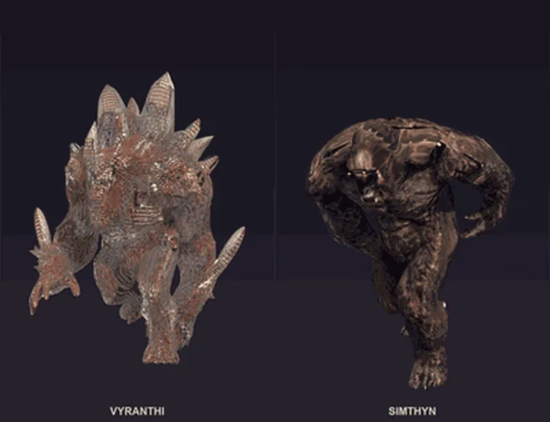 Two creatures walking toward the camera on a dark stage: a spiked crystal-covered beast labeled Vyranthi and a hunched dark brown ape labeled Simthyn.