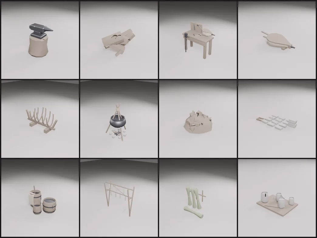 Twelve workshop props on a pale studio floor, among them an anvil on a stump, a workbench with a vise, a bellows, a cook pot on a tripod over a fire, barrels and a drying rack.