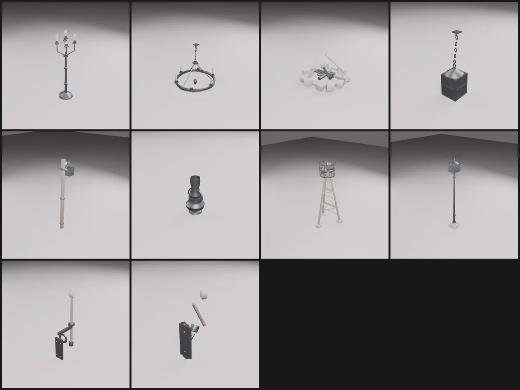 Ten lighting props on a pale studio floor: a candle stand, a ring chandelier, a campfire, hanging and post lanterns, a fire basket on a tall wooden tower, and two wall-mounted torches.