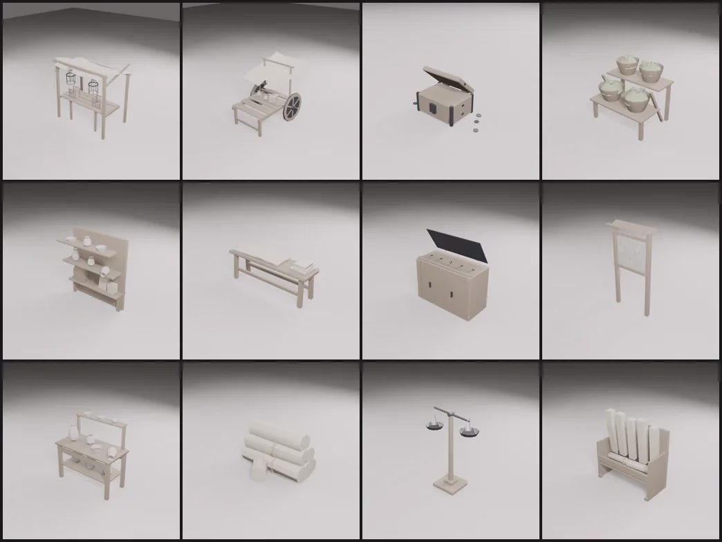 Twelve pale market props on a grey studio floor, among them a canopy stall with hanging lanterns, a handcart, a coin chest, baskets on a stand, shelves of pottery, a notice board and a merchant's scale.