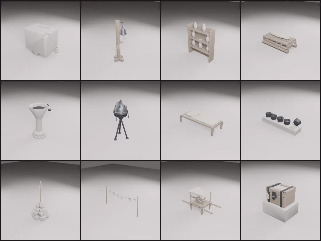 Twelve shrine props on a pale studio floor, among them a bell on a post, a basin on a pedestal, a domed brazier on a tripod, a row of offering bowls, a stone cairn, a line of prayer flags and a chest on a plinth.