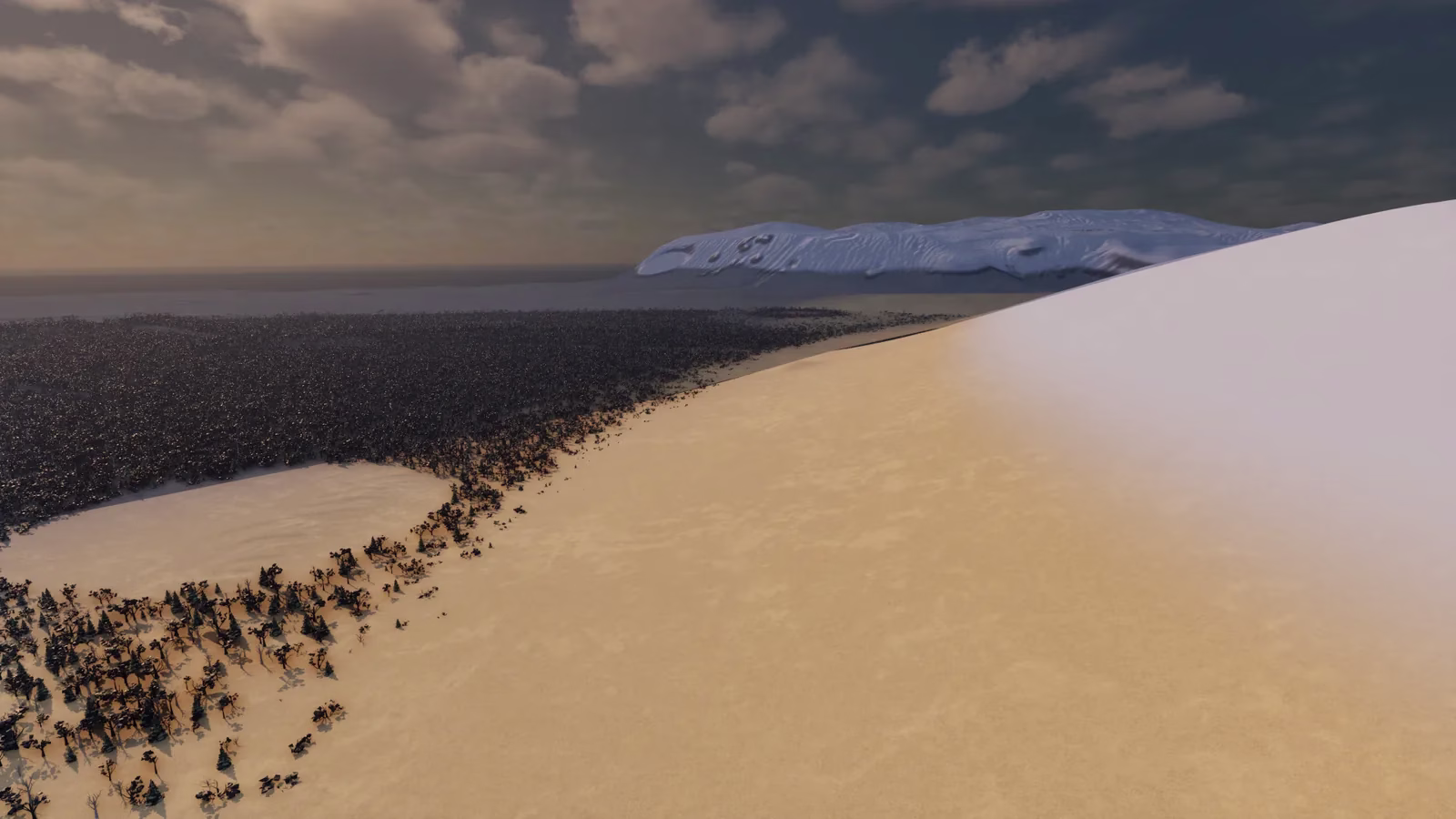 A golden sand slope fading to white on the right, a dark forest and a pale clearing on the left, and a snow-covered plateau under heavy clouds in the distance.