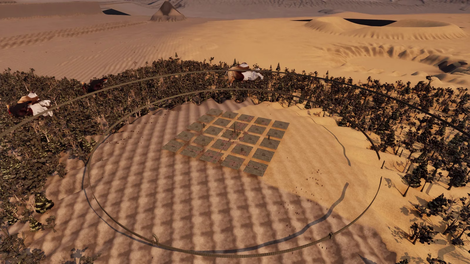 A top-down view of a capital: a grid of flat grey slabs on sand inside two thin rings of wall, a dark forest around it, and a few animals with patchy skins at the edge.