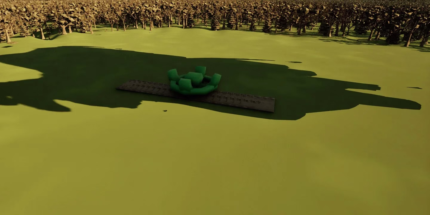 A wide olive-green plain with a long dark shadow across it, a low wooden platform holding a bright green blocky shape in the middle, and a line of low-poly trees behind.