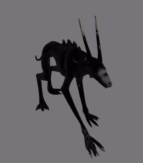 A thin, dark, long-legged creature with two tall horns and a pale muzzle, crouched mid-stride on a grey backdrop.