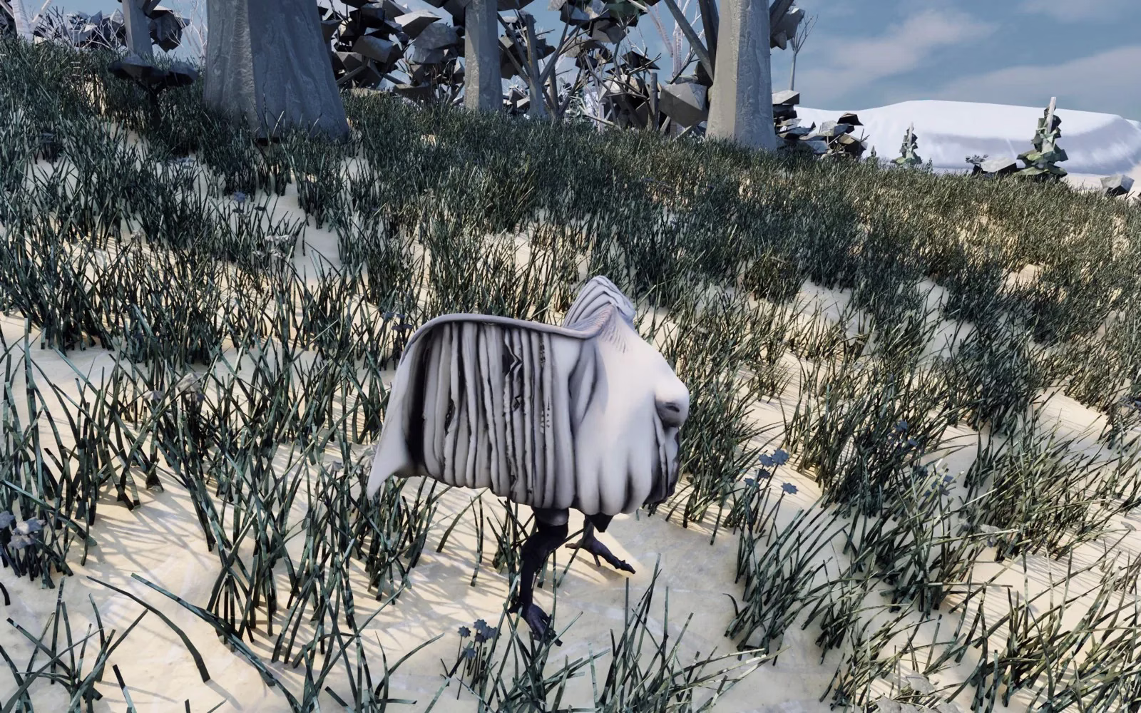 A white, ribbed, cloak-shaped creature on thin dark legs walking across a snowy grass slope under tall grey trees.