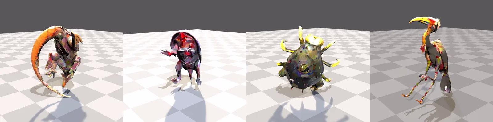 Four creatures on a white checkered test floor, each shown from two angles: a curled orange-tailed beast, a hunched red-and-grey shell creature, a round spiked crab with yellow legs, and a long-legged bird with a curved yellow beak.
