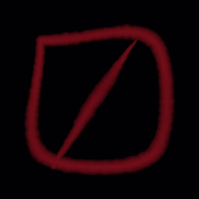 A blood-red square outline with a thin diagonal stroke running from one corner to the opposite corner, on a black background.