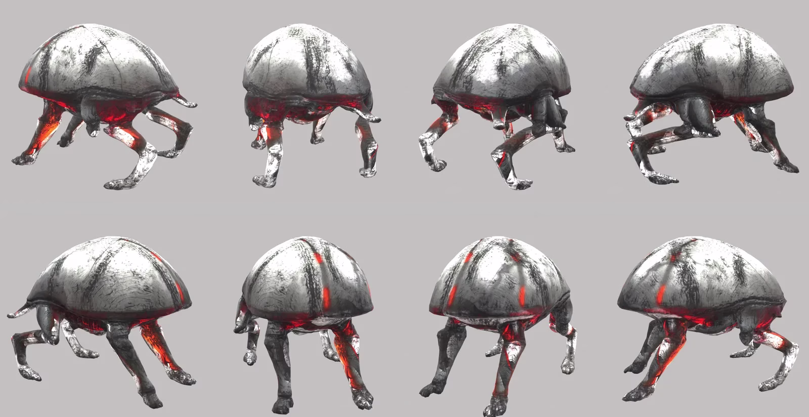Eight views of a dome-shelled creature with grey streaked plates and thin jointed legs glowing orange-red underneath, on a plain grey background.