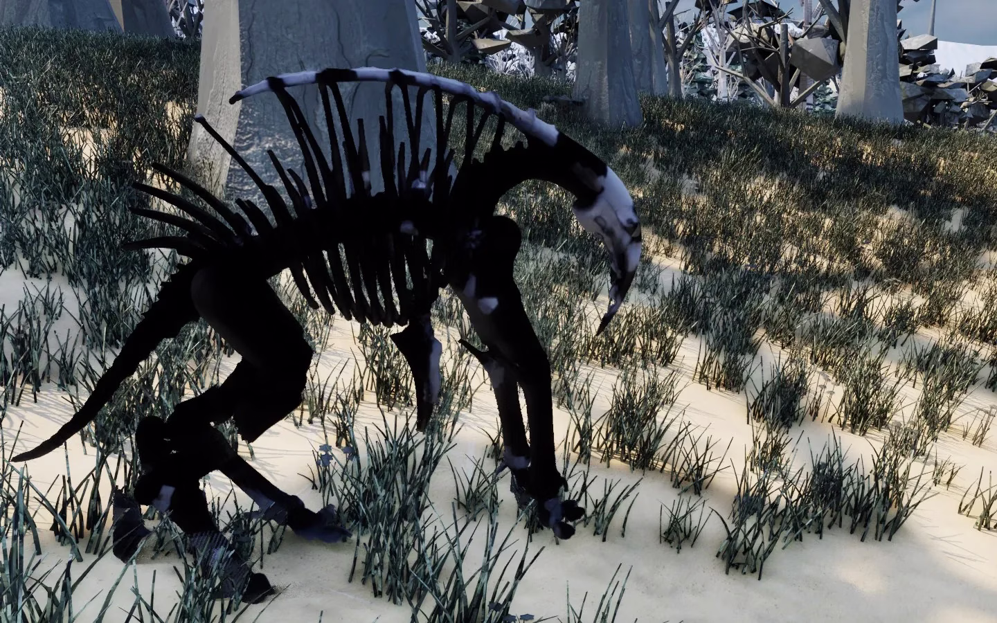 A dark skeletal creature with a long curved beak and an arch of black ribs along its back, head lowered over a snowy slope of dark grass with pale tree trunks behind.