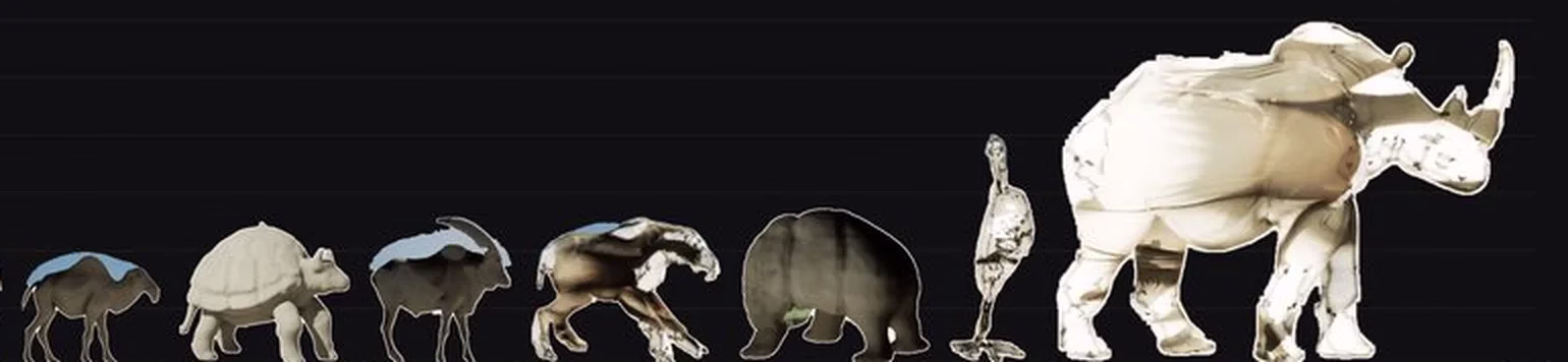 A row of beasts on one ground line, smallest to largest: a camel-like grazer, a pale tortoise, a horned goat, a long-bodied cinderclaw, a dark bear-like beast, a thin white heron-like bird and a huge cream-colored horned giant at the right.