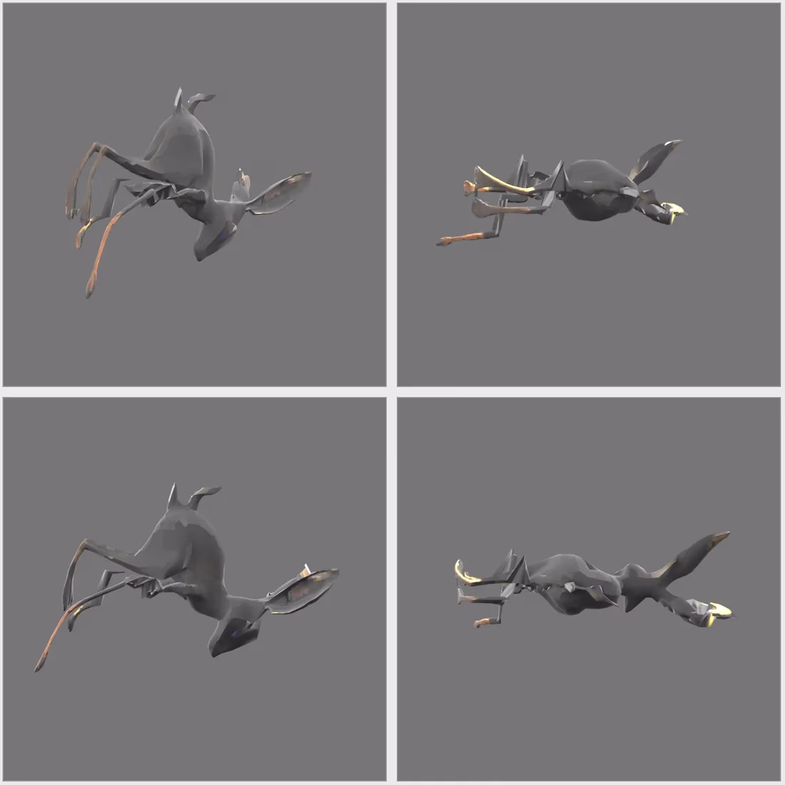 Four views of a grey, deer-like creature with long thin legs and big ears, tumbled onto its side and tilted in mid-air against a flat grey backdrop.