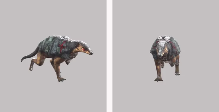 Two views of a long-snouted creature with a green and grey armored back, tan legs and small red marks, one from the side in mid-stride and one from the front, on a plain grey background.