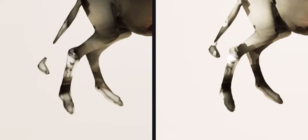 Two close views of a beast's back legs and tail. On the left, the tip of the tail floats separate from the body. On the right, it is joined on again.