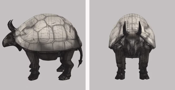 Two views of a tortoise-shelled beast with a pale cracked shell, dark legs and two dark horns on a grey background, one from the side with its thin tail hanging behind and one head on.