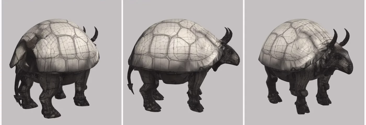 A heavy four-legged creature with a pale cracked turtle-like shell, dark legs, two curved horns and a thin tail, shown from three angles on a grey background.