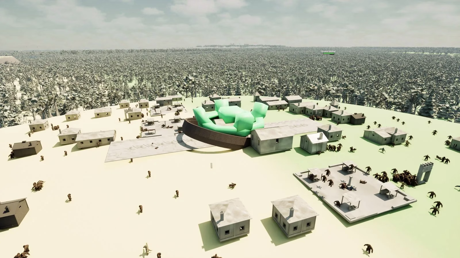 An aerial view of a settlement of grey houses and paved squares around a green crystal-like landmark, with small brown figures scattered across pale ground and a dense low-poly forest to the horizon.