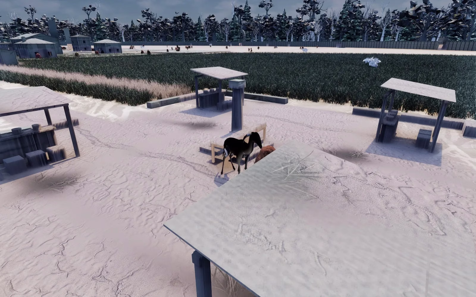 A snowy market with wooden stalls under snow-covered roofs and a dark four-legged beast standing among them, a field of grass and a line of pines behind.