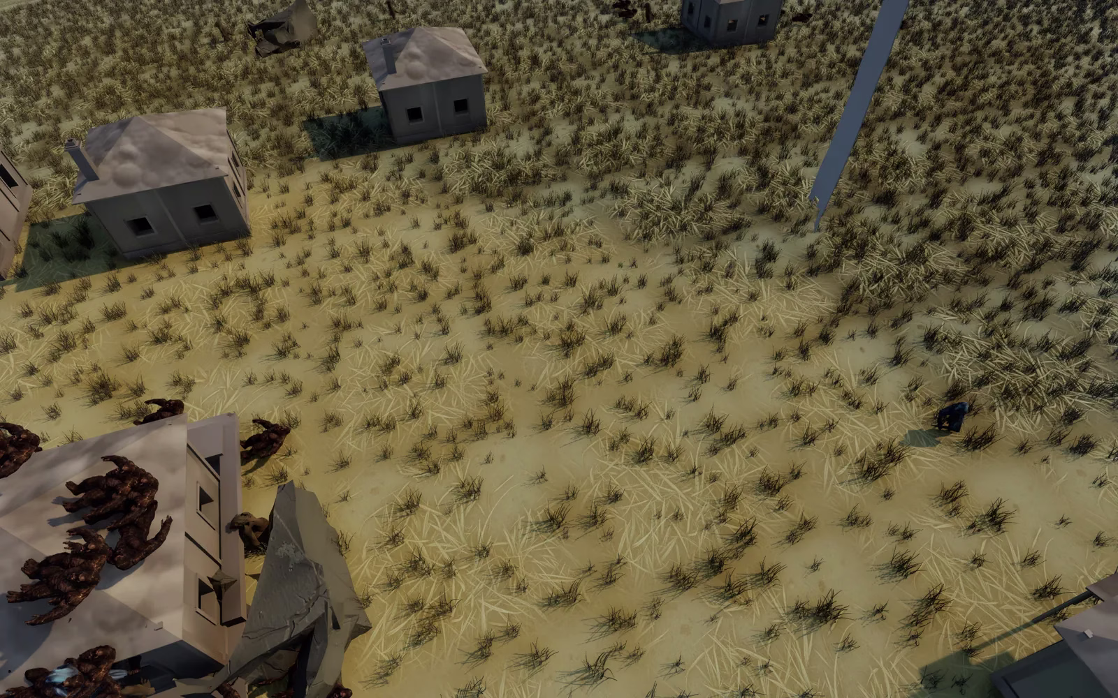A top-down view of dry golden grass on pale sand with four plain grey houses, a tall blue spike standing in the field, and a pile of brown figures on a rooftop at the lower left.