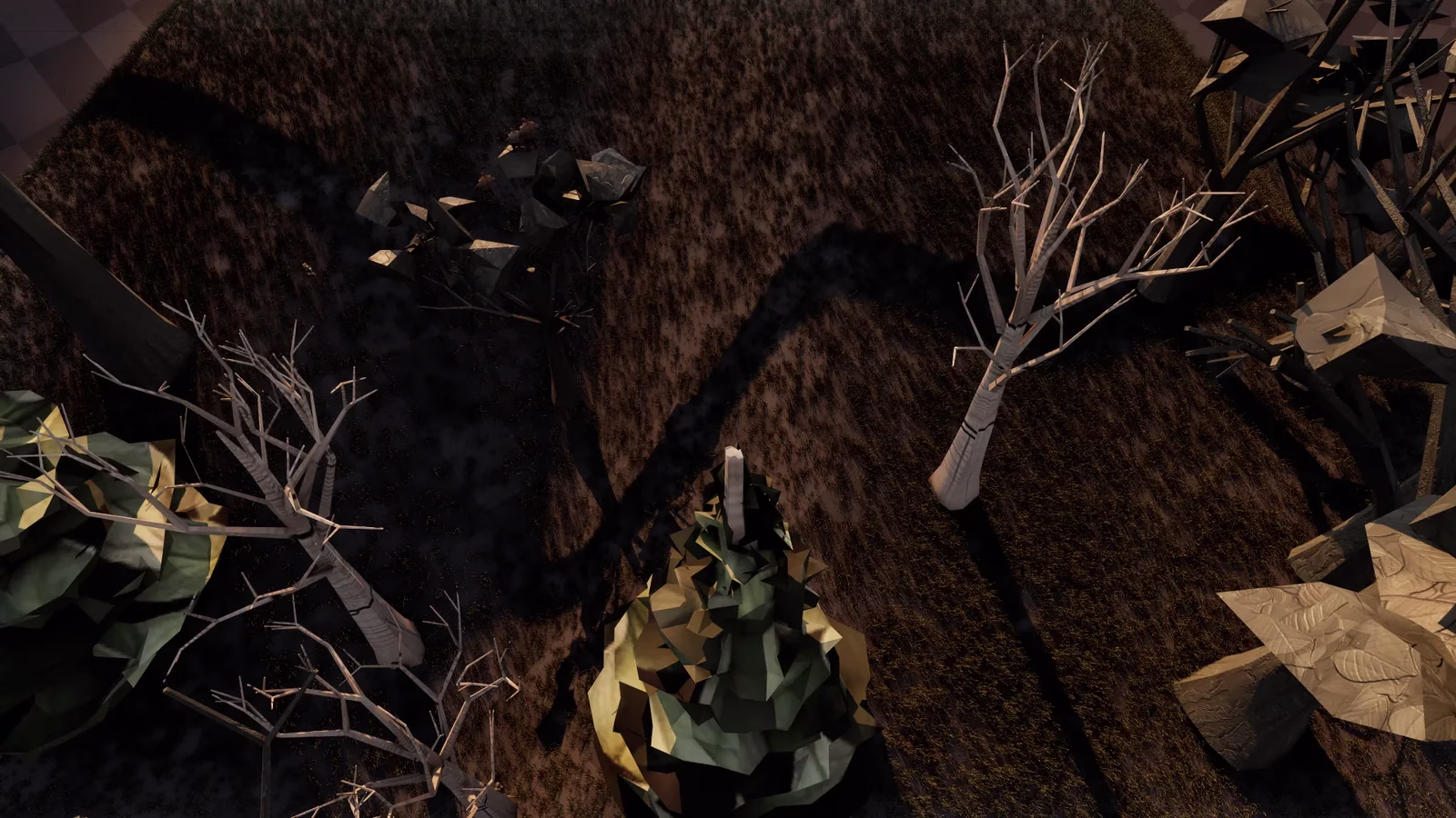 A top-down view of brown grass with long tree shadows, bare pale trees and two faceted green bushes.