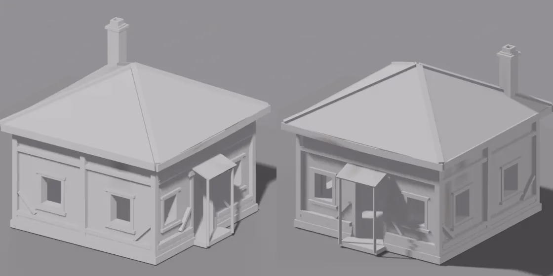 Two views of one plain pale grey house with a hip roof, a chimney and a small porch.